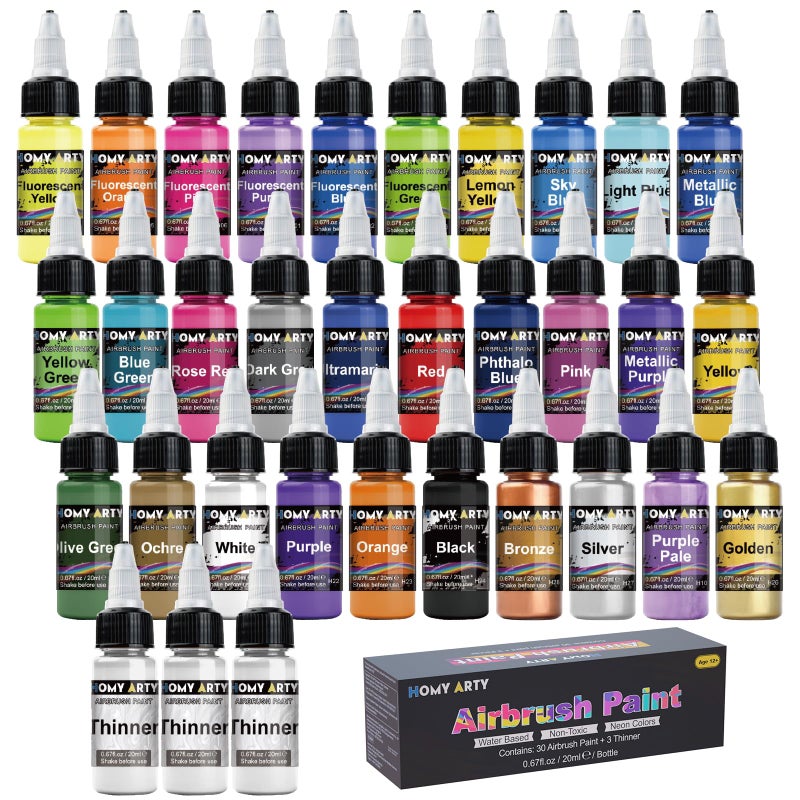 HOMY ARTY Airbrush Paint - 30 Colors with 3 Thinner, Ready to Spray Airbrush Paint Set, Water-Based Acrylic Air Brush Paints for Metal, Plastic Models, Canvas, Wood, 20ml/Bottle - Image 1